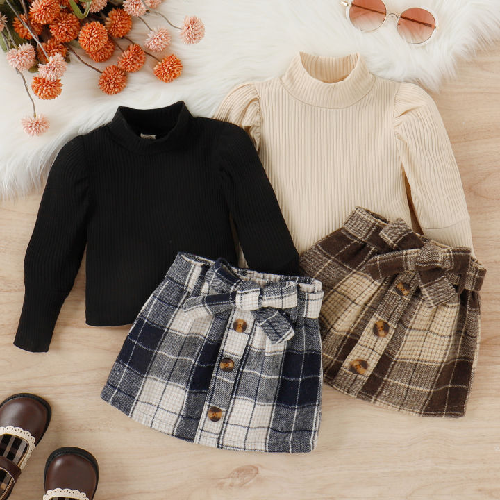 【In-Demand Item】 2PCS Autumn And Winter 1-4 Year Old Girls And Baby Trendy And Fashionable Solid Color High-Necked Top + Plaid Skirt Suit