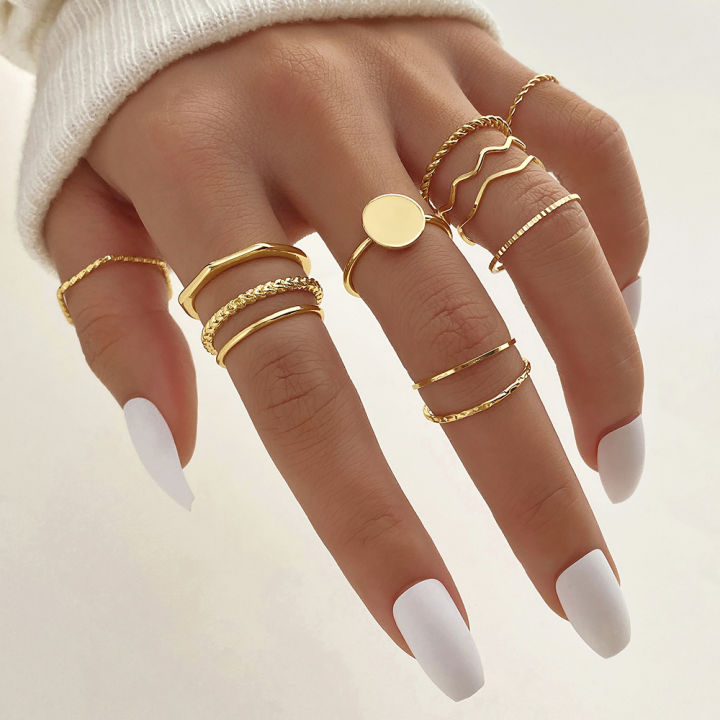EN Simple Fashion Female Gold Color Rings Set for Women Girls