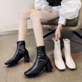 Korean version square toe block heel boots women's new fashion rear zipper mid-cut high heel martin boots women.