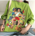2021 Harajuku Korean Girl Eating Snacks CartoonsT Shirts Tees Shirt Tops Cotton Green Short-Sleeved Aesthetic Casual T Shirt.