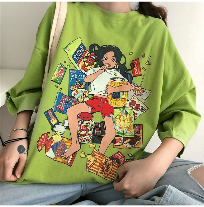 2021 Harajuku Korean Girl Eating Snacks CartoonsT Shirts Tees Shirt Tops Cotton Green Short-Sleeved Aesthetic Casual T Shirt