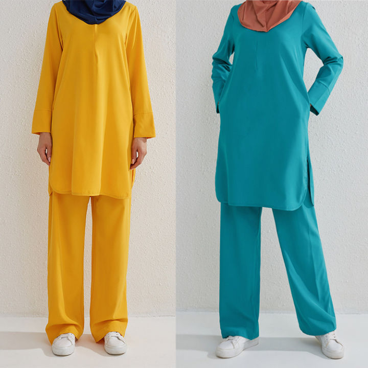 Ladies 2 Pcs Long Top and Pants Set Islamic Active Wear Arabian Yoga Jogging Modest Sportswear