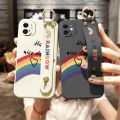 Hontinga for Xiaomi Mi 11 Lite 5G NE Wrist Strap Case Lovely Graffiti Rainbow Smile Thin Phone Cover Square Edge Liquid Silicone Creativity Phone Case.
