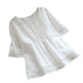 Sleeve Spliced Hollow Out Tops Blouse Round Neck Loose Ladies Retro Casual Petticoat Solid Color Cotton Linen Top Half Sleeve Round Neck Stitched Shirt Hollow Top Women Shirt Half.