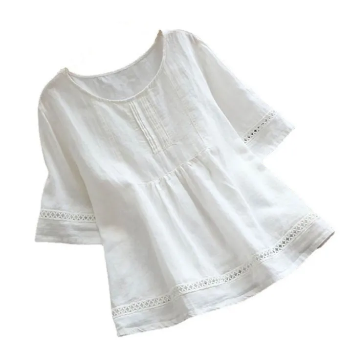Sleeve%20Spliced%20Hollow%20Out%20Tops%20Blouse%20Round%20Neck%20Loose%20Ladies%20Retro%20Casual%20Petticoat%20Solid%20Color%20Cotton%20Linen%20Top%20Half%20Sleeve%20Round%20Neck%20Stitched%20Shirt%20Hollow%20Top%20Women%20Shirt%20Half%20-%20Image%206