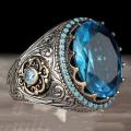 （New）Retro Handmade Turkih ignet Women Ancient Color Carved Ring Inlaid Blue Zircon Party Motor Biker Ring. 