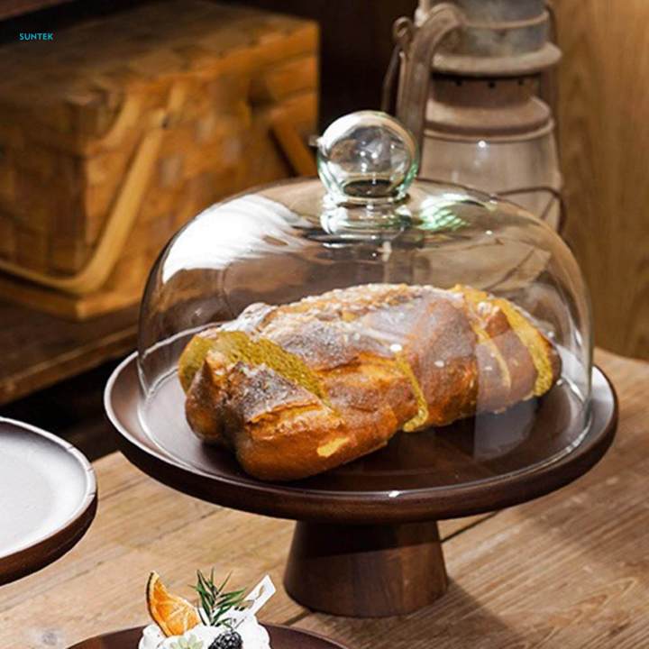 Wooden Cake Stand with Dome Fruit Dessert Plate Decor Serving