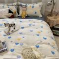 Sweet Blue And Yellow Love Heart Printed Bedding Set For Girl Adult Child Quilt Cover Soft Flat Sheet Pillowcases Soft Bed Linen. 