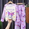 2pcs Sanrio Kuromi Pattern Kids Pajamas, Long Sleeve Top Pants Set,Anime Girls Boys Sleepwear Autumn Children Homewear Clothes. 