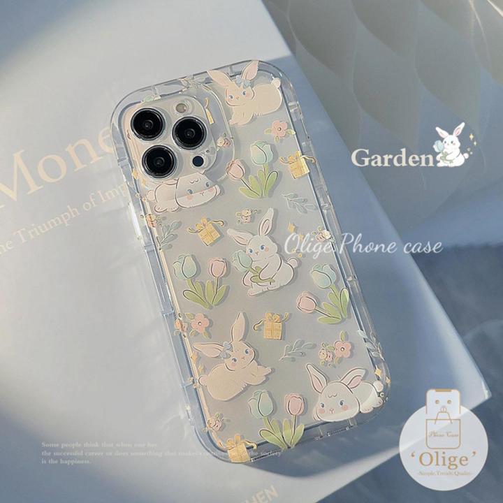 Olige Case For iPhone 14 Plus 13 12 11 Pro Max For Girls Korean Flowers with Rabbit Round Edge Lens Protector Airbag Shockproof Silicone Soft Phone Case Back Cover