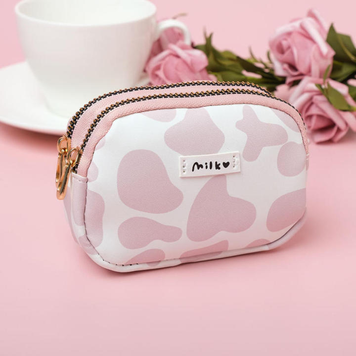 Cute Cow Pattern Coin Purse Women Student Card Holder Double Pocket Zipper  Portable Key Bag Lipstick Bank Card Storage Bag