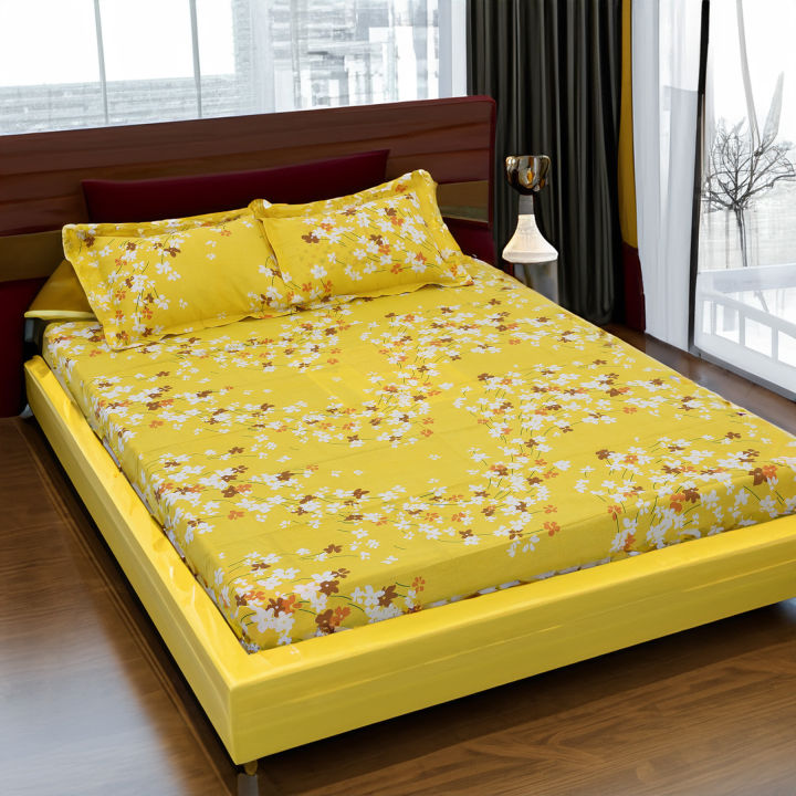 Cotton Multicolor(Blooming Beauty) Print King Size Flat Bed Sheet Set (7.5 by 8.5 Feet) with Two Pillow Covers- 300 Thread Count- Hand Washable