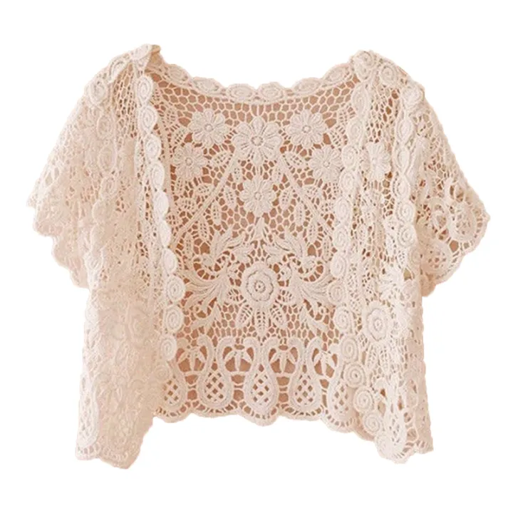 Women%20Summer%20Short%20Sleeve%20Crochet%20Shrugs%20Hollow%20Out%20Flower%20Lace%20Open%20Front%20Cropped%20Cardigan%20Sunscreen%20Scalloped%20Trim%20Bolero%20Jack%20-%20Image%203