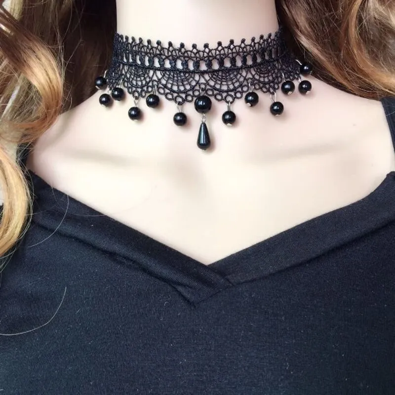 Punk Skull Necklace – Gothic Black Lace Choker With Rhinestones, 90s Layered Chain Collar For Women (Style 3) - View #2
