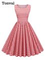 Tonval Gingham 50s Pinup Rockabilly Cotton Dresses for Women 2022 O-Neck Sleeveless High Waist Plaid Pleated Vintage Dress.
