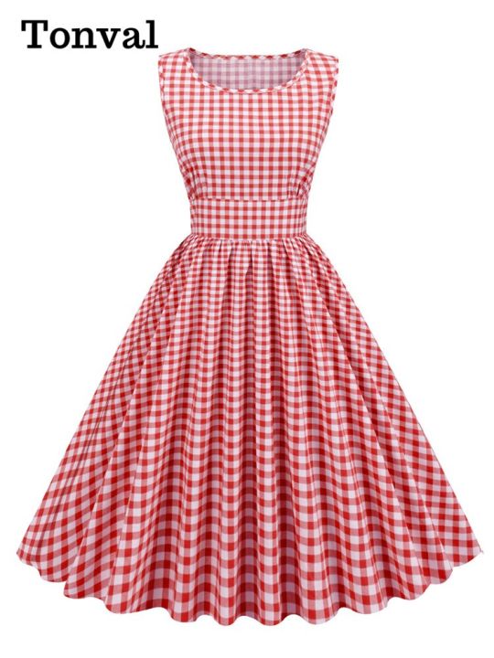 Tonval Gingham 50s Pinup Rockabilly Cotton Dresses for Women 2022 O-Neck Sleeveless High Waist Plaid Pleated Vintage Dress