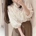 Korean Style French Style Fairy Design Lace Embroidered Flower Fashionable round Neck Loose Puff Sleeves Shirt for Women.