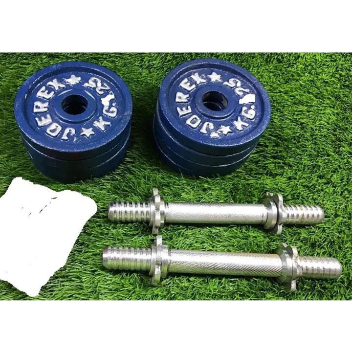Eight Pieces Dumbbell Set With Two 10 inch Sticks - 10Kg - Blue and Silver Combo
