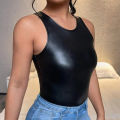 Women Fashion Clubwear Top Black Patent Leather Sleeveless tank Mock Neck Zipper Back Cropped T-shirt Pole Dance Costume.