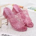 Hollow-out Beach Home Bathroom Slippers Non-Slip Crystal Vulcanized Rubber Slippers Women's Summer Platform High Heel Breathable Outer Wear. 