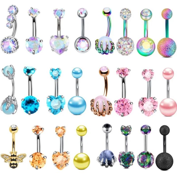 4PCHeart Belly Button Rings Set Stainles Steel Crystal Belly Ring Pack ...