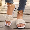 European and American foreign trade flat size beaded slippers women's square toe rhinestone light beach slippers Slipper. 