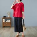 Women's Cotton and Linen Short-Sleeved Shirt2023New Mom Summer Clothes Linen Top Loose Belly-Covering Western Style Slimming Suit.
