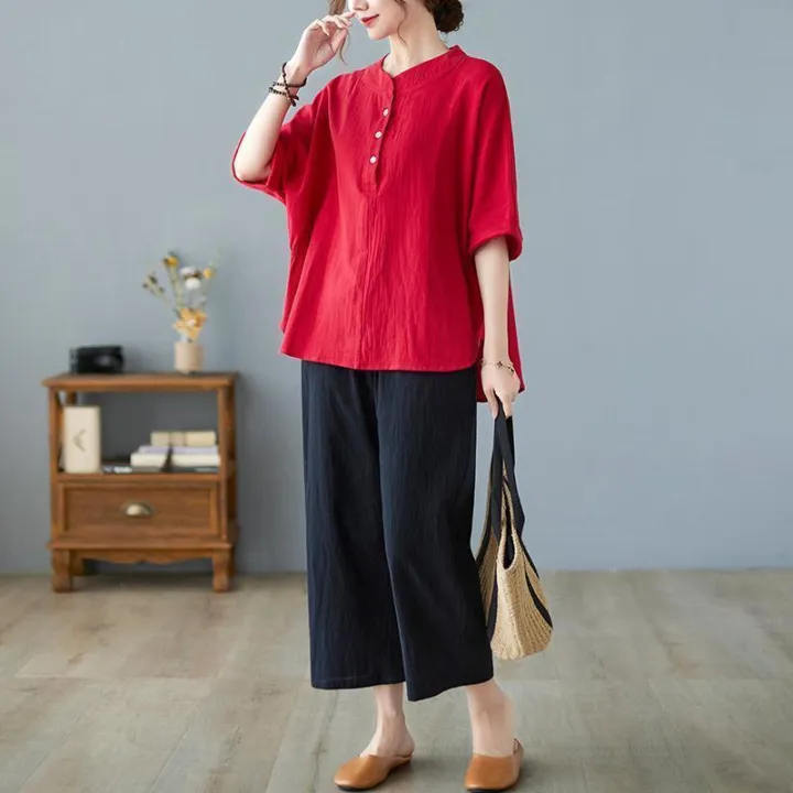 Women's%20Cotton%20and%20Linen%20Short-Sleeved%20Shirt2023New%20Mom%20Summer%20Clothes%20Linen%20Top%20Loose%20Belly-Covering%20Western%20Style%20Slimming%20Suit%20-%20Image%206