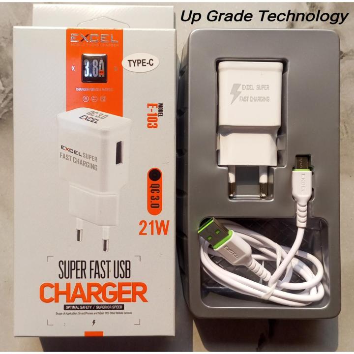 Excel 21W/3.8A/QC-3.0 Super Fast USB Charger Compatible with All kinds of Smartphones, Tablet PCS and other Mobile Devices Type-C