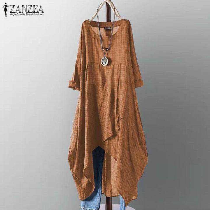 ZANZEA Plus Womens Plaid Check Casual Asymmetrical Shirt Dress Irregular  Hem Midi Dress | Daraz.com.bd
