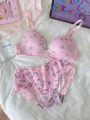 Japanese cartoon cute girl underwear small chest gathered without steel ring big chest small comfortable slim student bra panty set.