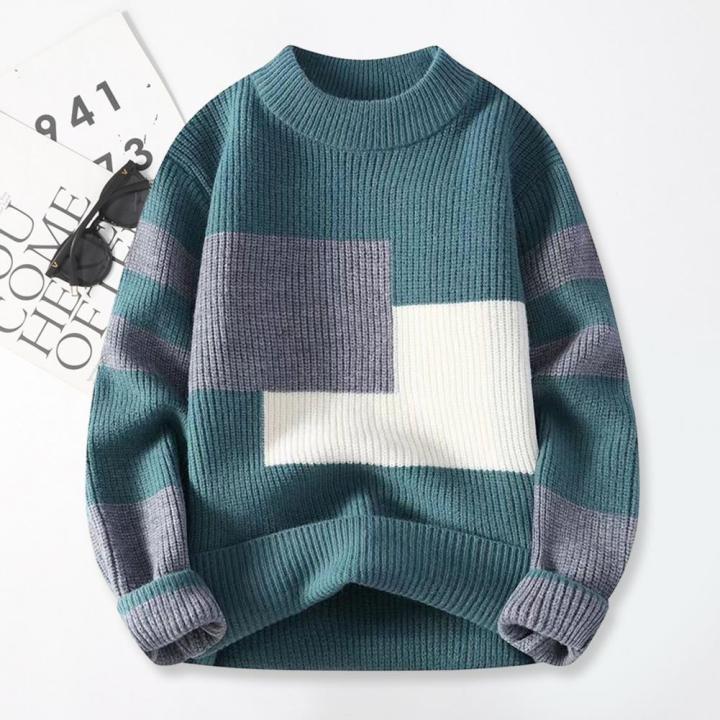 Fall Winter Men Sweater Colorblock Knitted Thick Loose Warm O Neck Long Sleeve Soft Pullover Elastic Streetwear Men Sweater