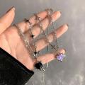 Y2K Sweet Cool Style Black Love Heart Pendant Necklace for Women Star Inlaid Rhinestone Clavicle Chain Asymmetric Necklace for Women Teen Girls Gift.