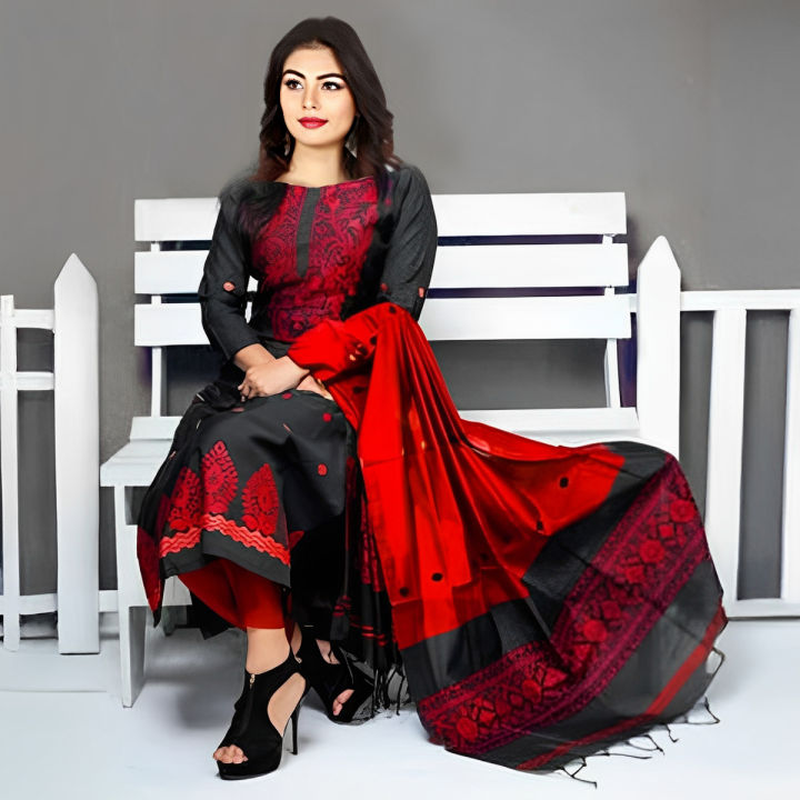 Pure Cotton Three Piece Unstitched Salwar Kameez Set for Women - Black and Red, Screen Print, Customizable Fit, All Seasons