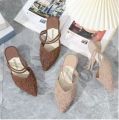 New Lady Style Niche Design Sense Lace-up Thick Heel Pointed Head Rose Wrapped Head Half Slippers.