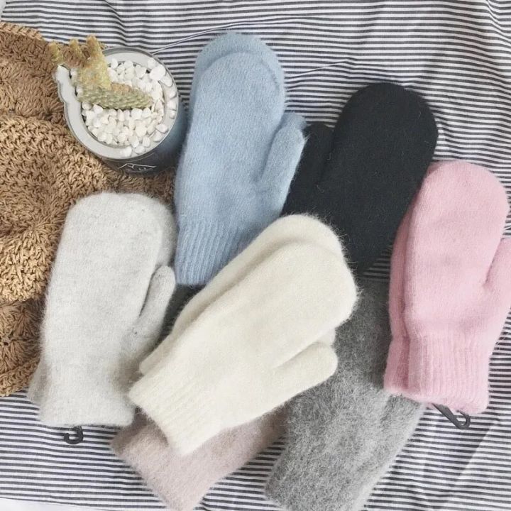 Winter Warm Knitted Plush Full Finger Gloves Solid Korean Women Imitation Rabbit Wool Gloves Warm White Soft Thick Fur Mittens