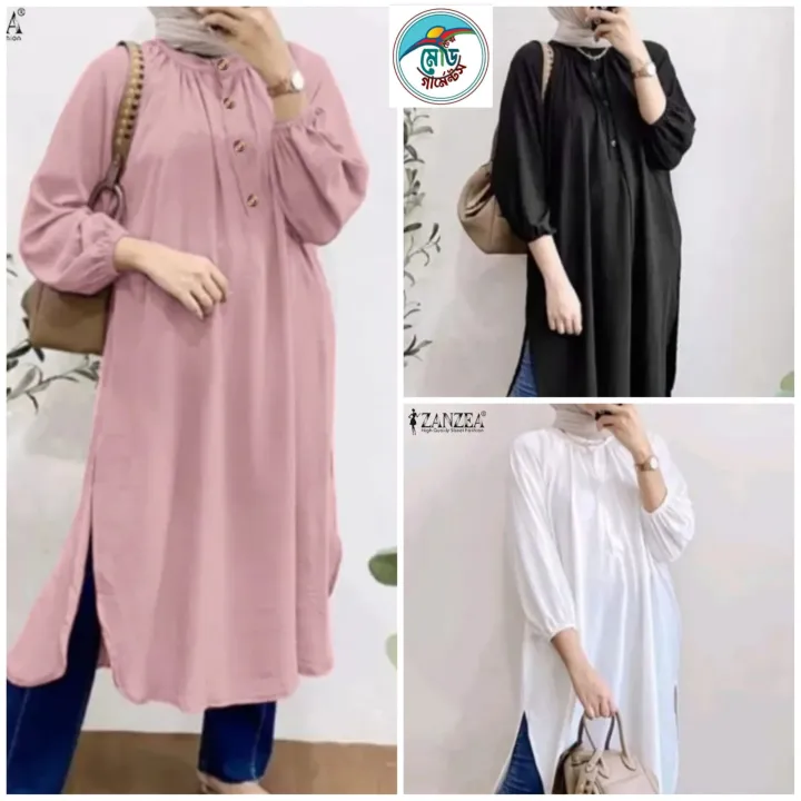 Women 3/4 Sleeve Split Hem Long Shirt Autumn Abaya Hijab Tops Tunic Fashion Islamic Clothing Solid Muslim Blouse