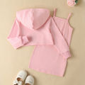 【Happy childhood memories】(NEW)Baby House Kid Girl Fall 2 Pieces Outfits Sets, Letter Printed Long Sleeve Zipper Hoodies Coat Solid Color Spaghetti Straps Dress.
