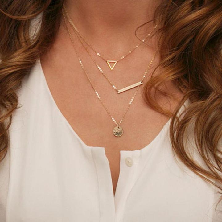 Multilayer Long Chain Gold Tone Geometry Pendant Necklace