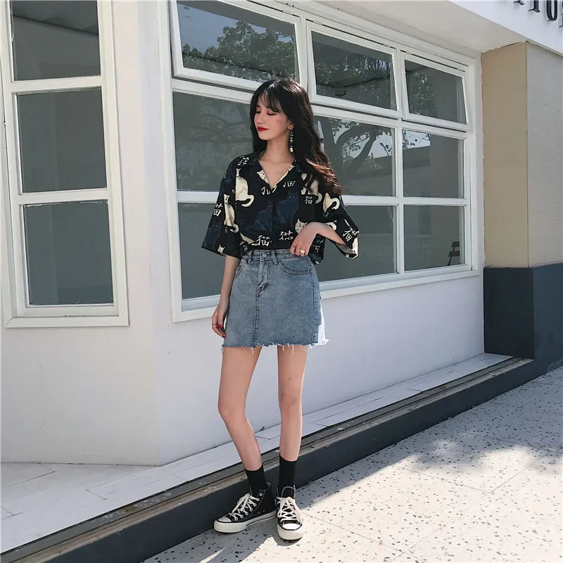 Shirts Women Vintage Cat Printed Korean Basic Loose Chic Design