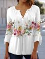 V-neck Printed Button Waist Cropped Top T-shirt Women Shirt Casual Loose Long-sleeved Shirt Elegant Printed Temperament Tops. 