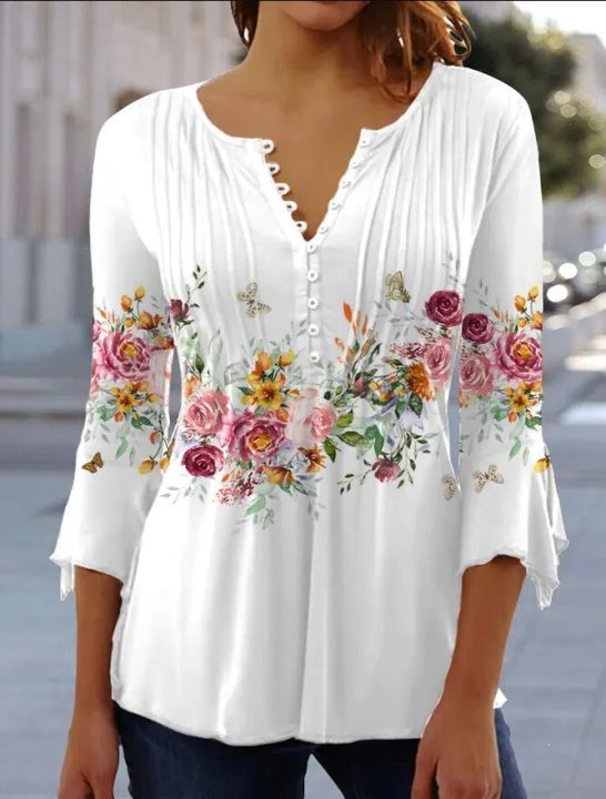 V-neck Printed Button Waist Cropped Top T-shirt Women Shirt Casual Loose Long-sleeved Shirt Elegant Printed Temperament Tops