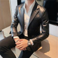 Autumn Winter Men's Leather Jackets Fashion Slim Solid Color Turn Down Collar Leather Blazer Coats Men Business Casual PU Jacket.
