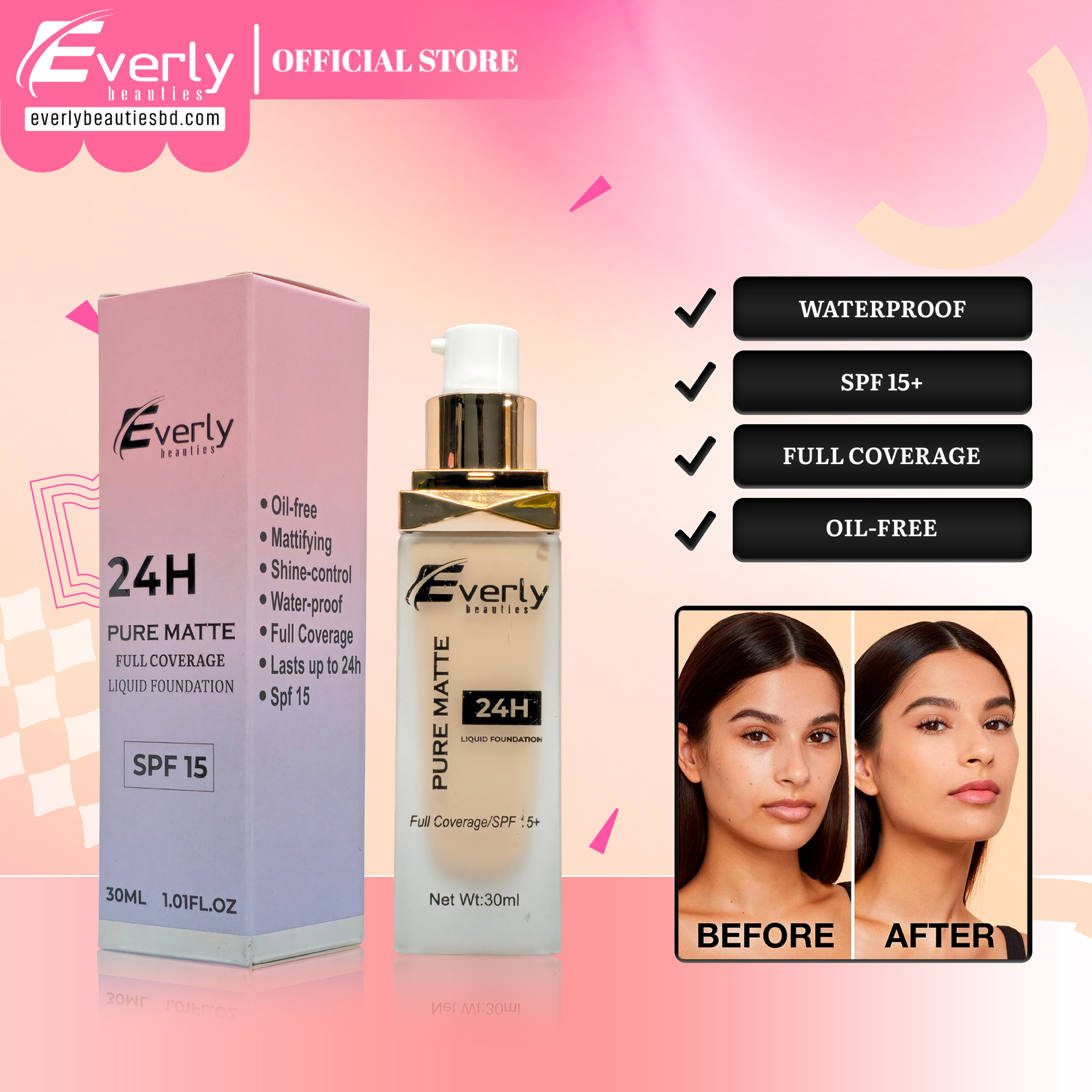Everly Beauties Pure Matte Full Coverage Liquid Foundation with SPF 15+