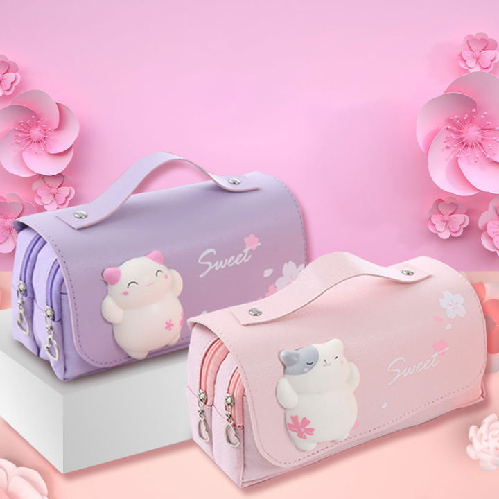 Cute Cat Large Capacity Stress Relieving Pencil Case Big Pencil Box  Portable Girls Pen Bag Double Layer School Pouch Kawaii Cosmetic Bag