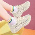 Mesh Surface Shoes Women's Breathable Mesh Sneakers Summer Flyknit Non-Slip Casual Hollow out Mom Shoes Korean Style All-Matching Running Shoes. 
