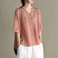 plus Size Women's Clothing New Retro Machine Embroidery Cotton Top Loose V Collar Half Sleeve Shirt Women's Shirt Pullover. 