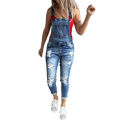 Women's Denim Overalls, Casual Slim Fit Ankle Length Skinny Leg Ripped Bib Overalls Long Jumpsuit. 