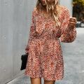 Autumn Floral Elegant Women Dress Long Sleeve Casual Beach Boho Loose Lace Up Sexy Dresses Woman Orange XL. 
