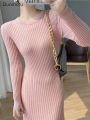 Duomofu Knitted White Dress Women Korean Fashion Ruffle Long Dresses Female Autumn Winter Elegant Long Sleeve Slim Sweater Dress.